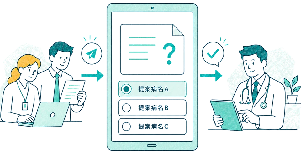 スタッフが送った候補病名を、先生がタブレットで選んで承認するイラスト