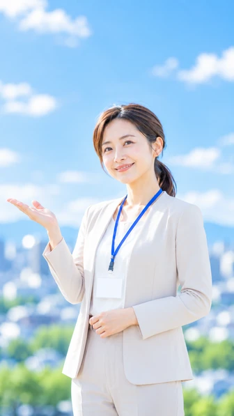 青空の下で手のひらを向けて案内する医療事務スタッフの女性
